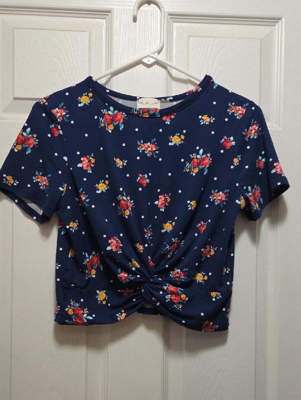 Navy Floral Tie-Front Knot Detail Crop Top Short Sleeve - Cropped Women's TShirt
